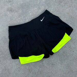 Nike Women's Black and Neon Yellow Running Shorts